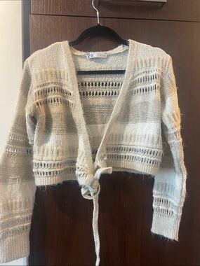 Zara Cream Openwork Tie-Front Cardigan